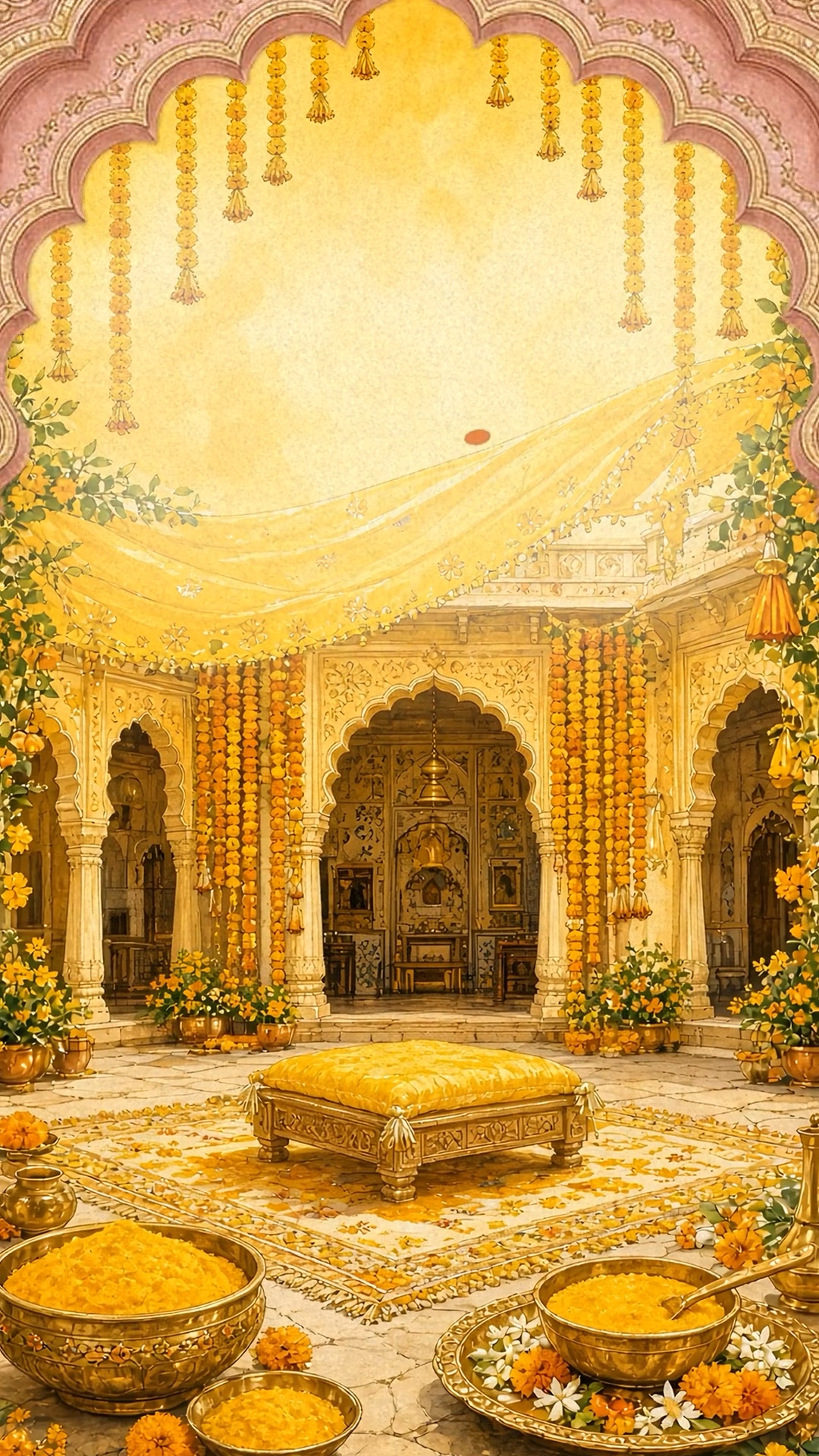 A courtyard decorated with golden marigolds