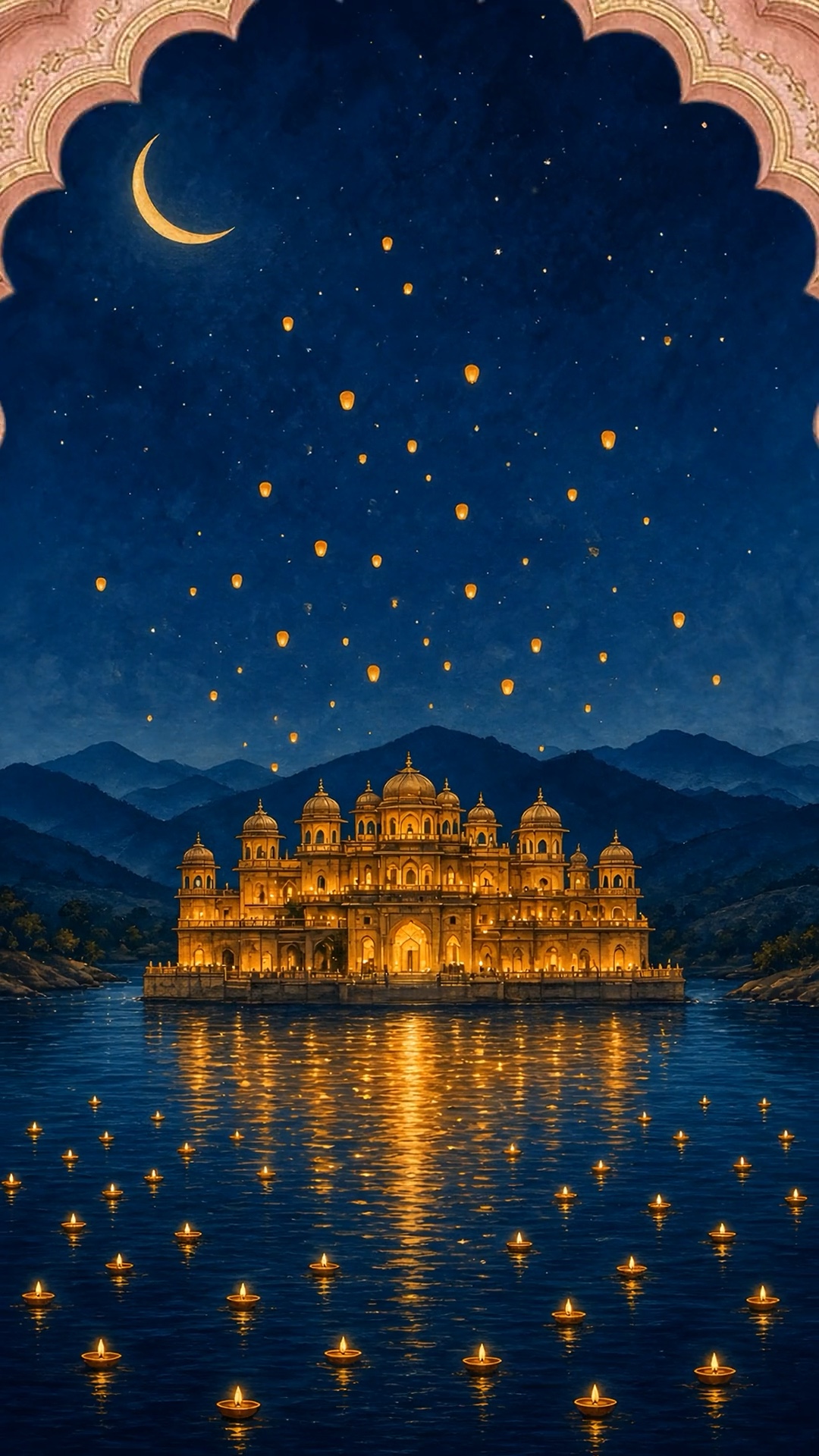 A glowing palace reflected in a moonlit lake with floating lamps