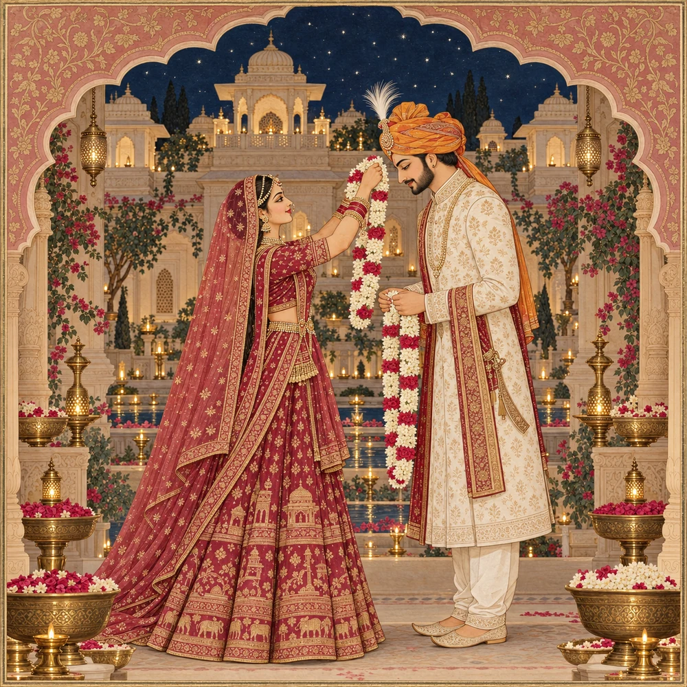 A bride and groom exchanging flower garlands during Varmala